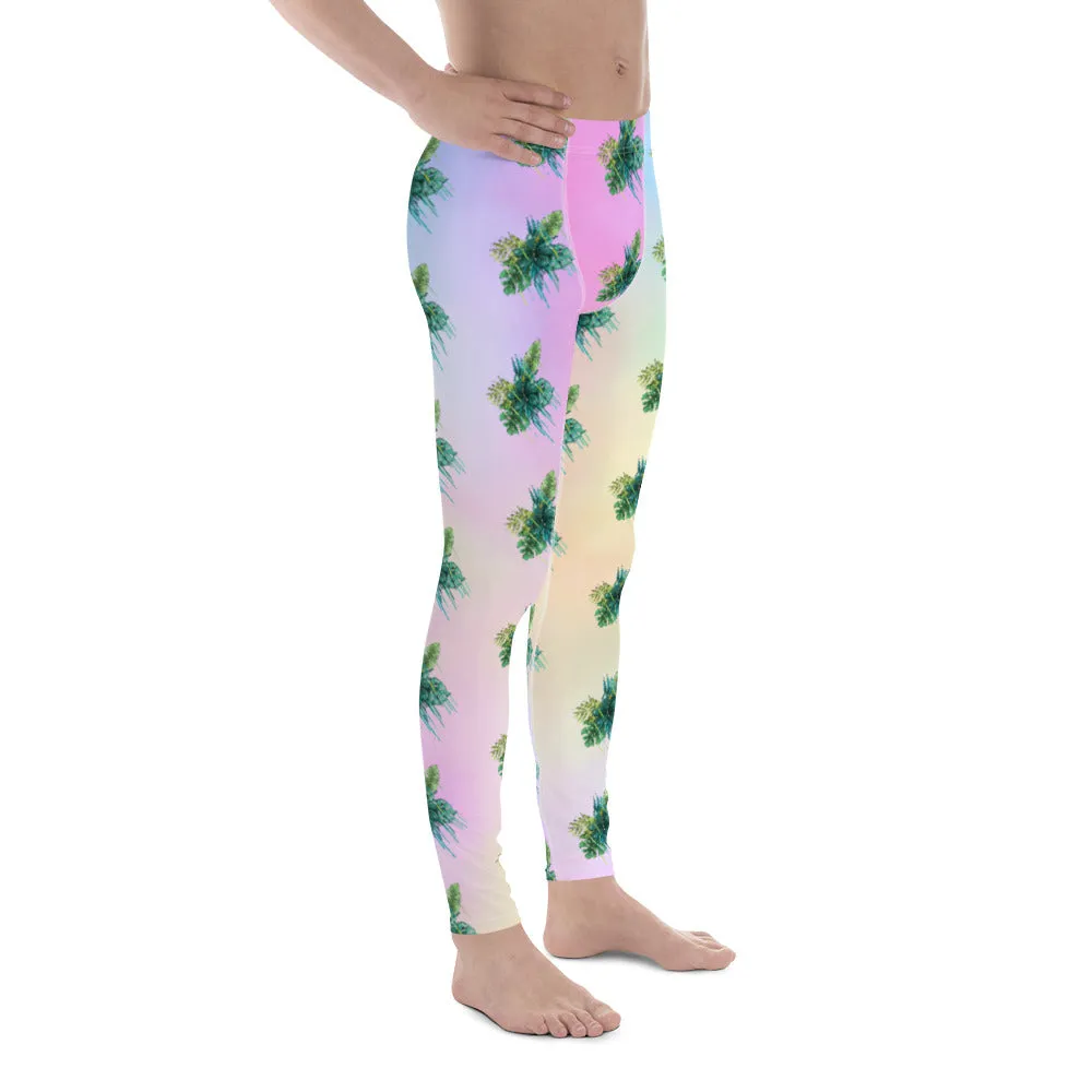 Tropical Leaves Men's Leggings, Green Palm Leaf Men's Sports Running Tights - Made in USA/EU/MX