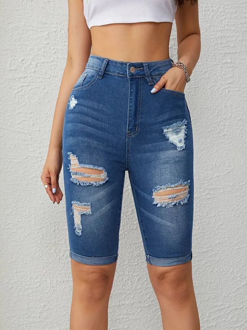 Valencia - Roll Up Ripped Denim Shorts