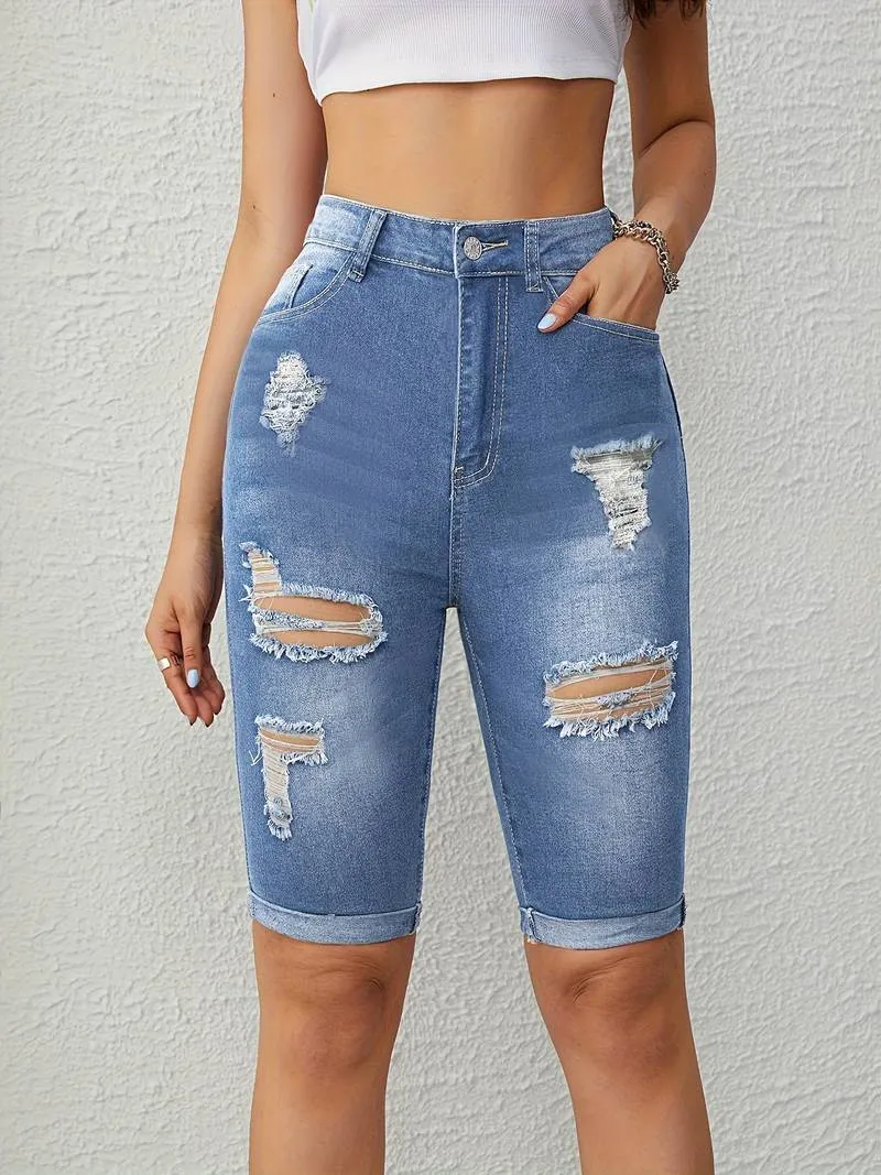 Valencia - Roll Up Ripped Denim Shorts