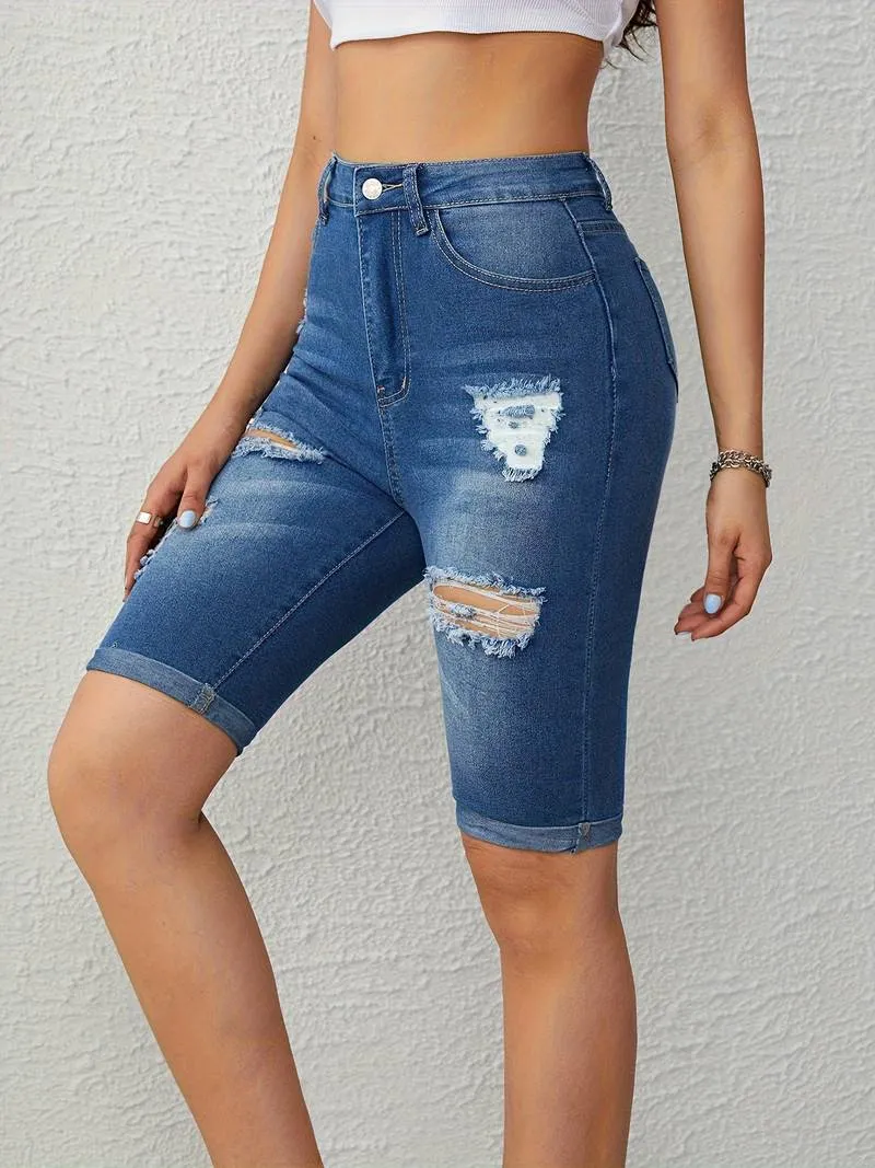 Valencia - Roll Up Ripped Denim Shorts