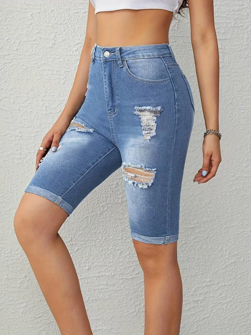 Valencia - Roll Up Ripped Denim Shorts