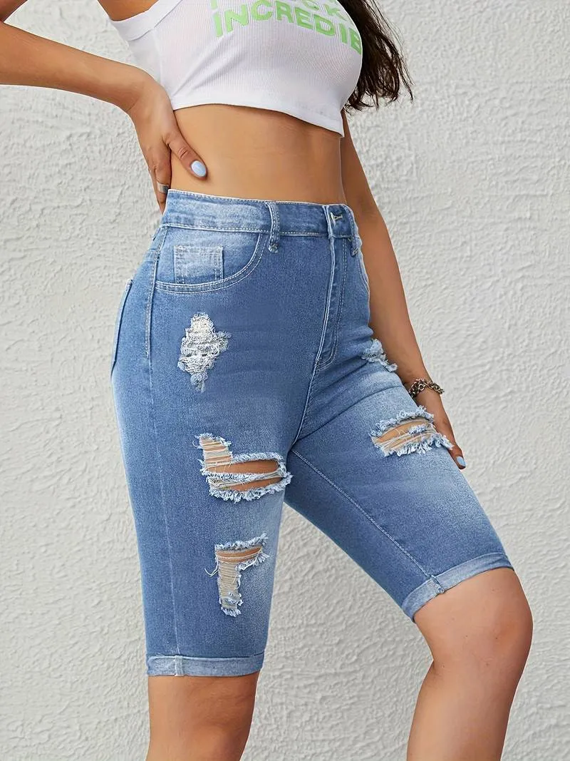 Valencia - Roll Up Ripped Denim Shorts