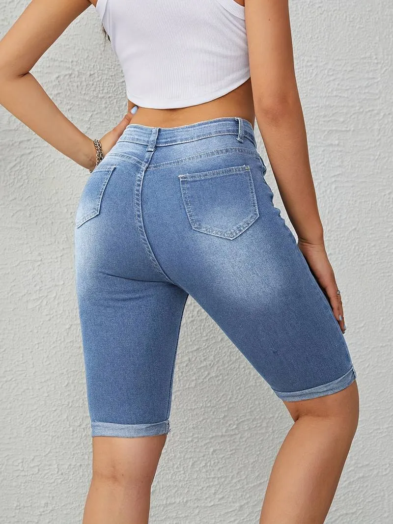 Valencia - Roll Up Ripped Denim Shorts