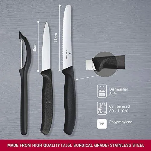 Victorinox Kitchen Knife, Set of 3, Sharp Straight Edge and Wavy Edge Knives with Stainless Steel Universal Peeler, Black