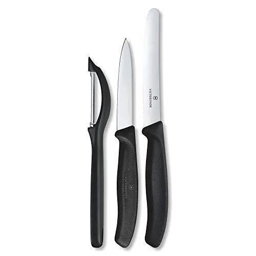 Victorinox Kitchen Knife, Set of 3, Sharp Straight Edge and Wavy Edge Knives with Stainless Steel Universal Peeler, Black