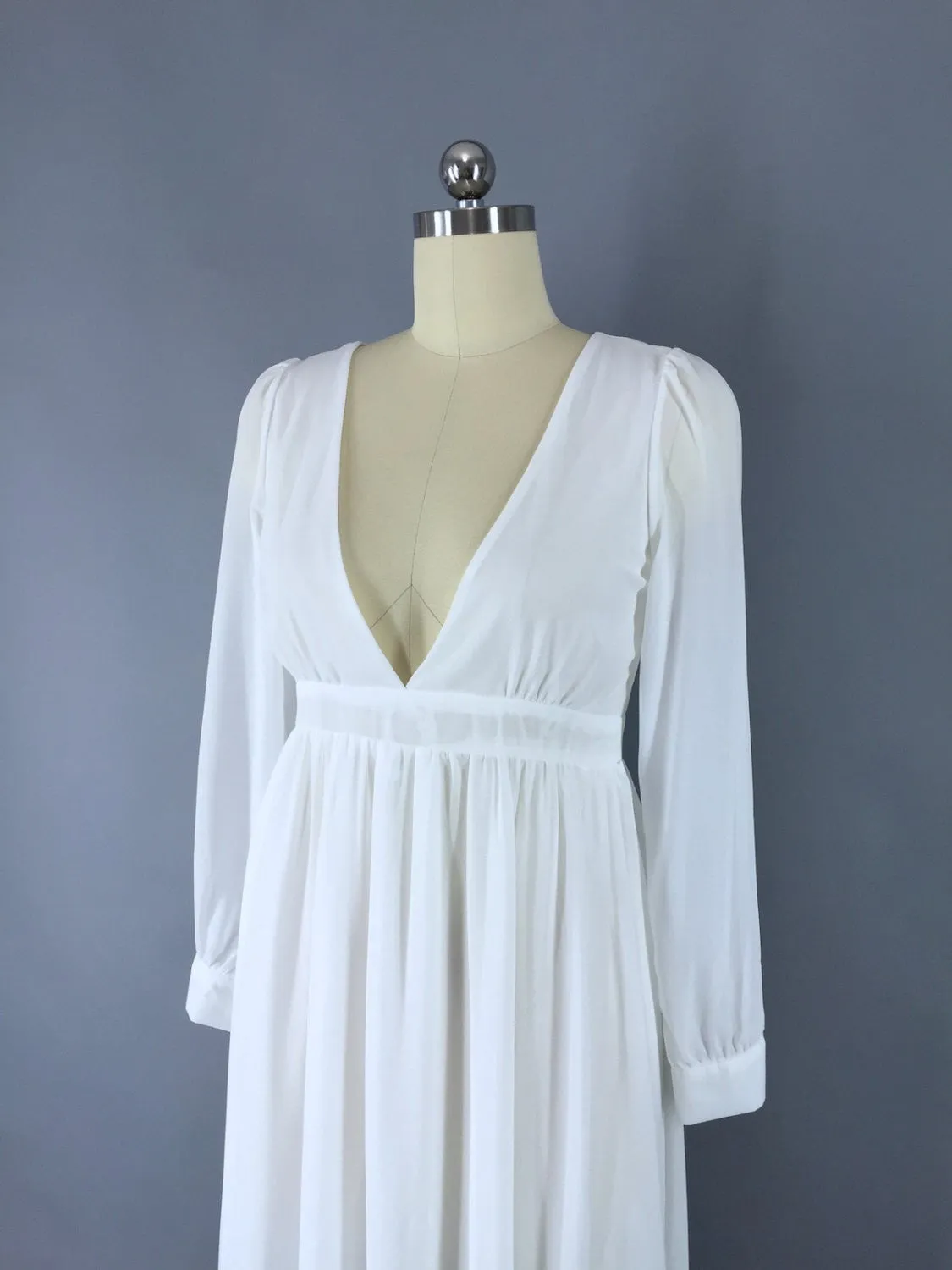 Vintage 1970s Dress / White Chiffon Maxi Dress