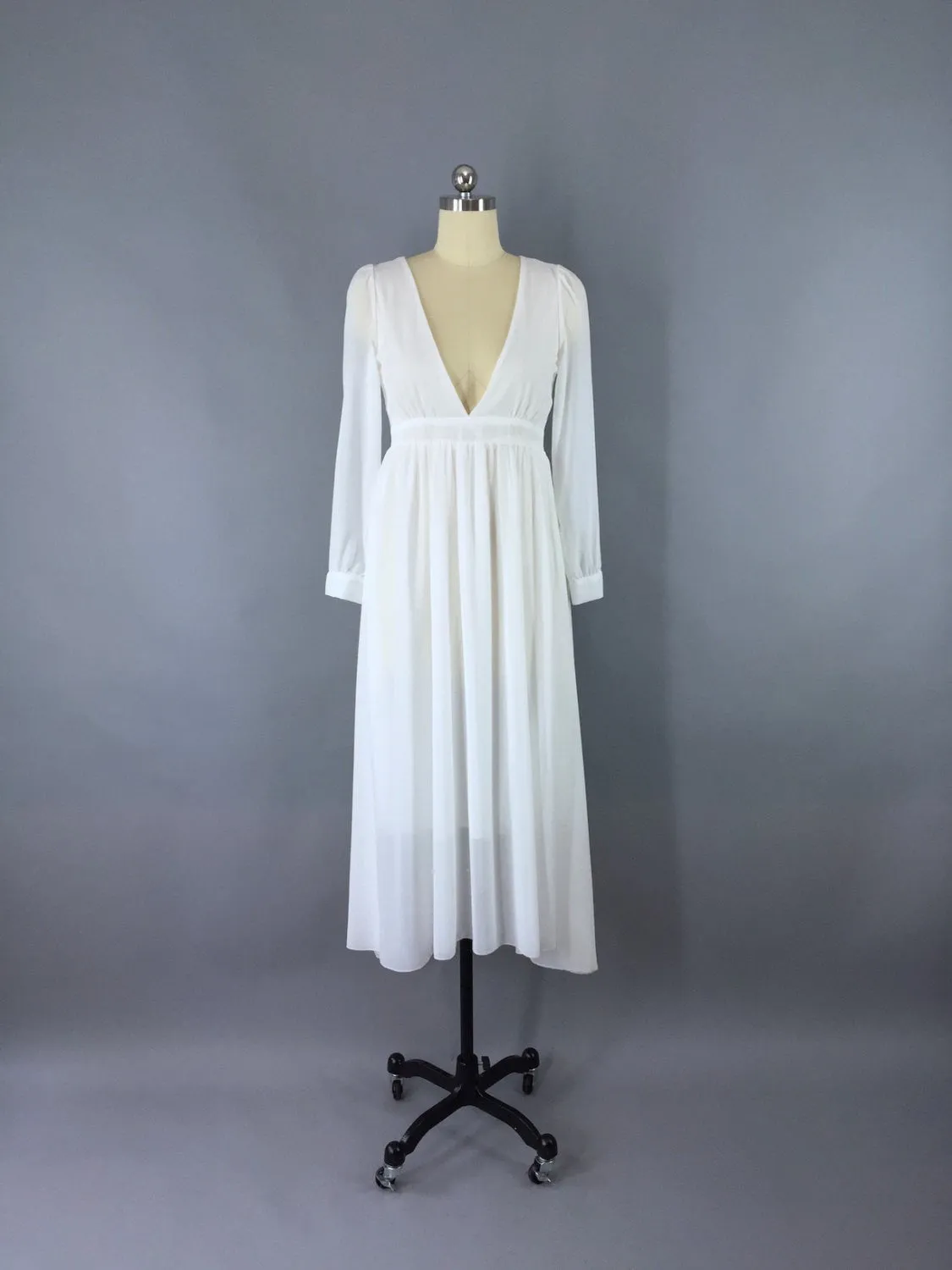 Vintage 1970s Dress / White Chiffon Maxi Dress