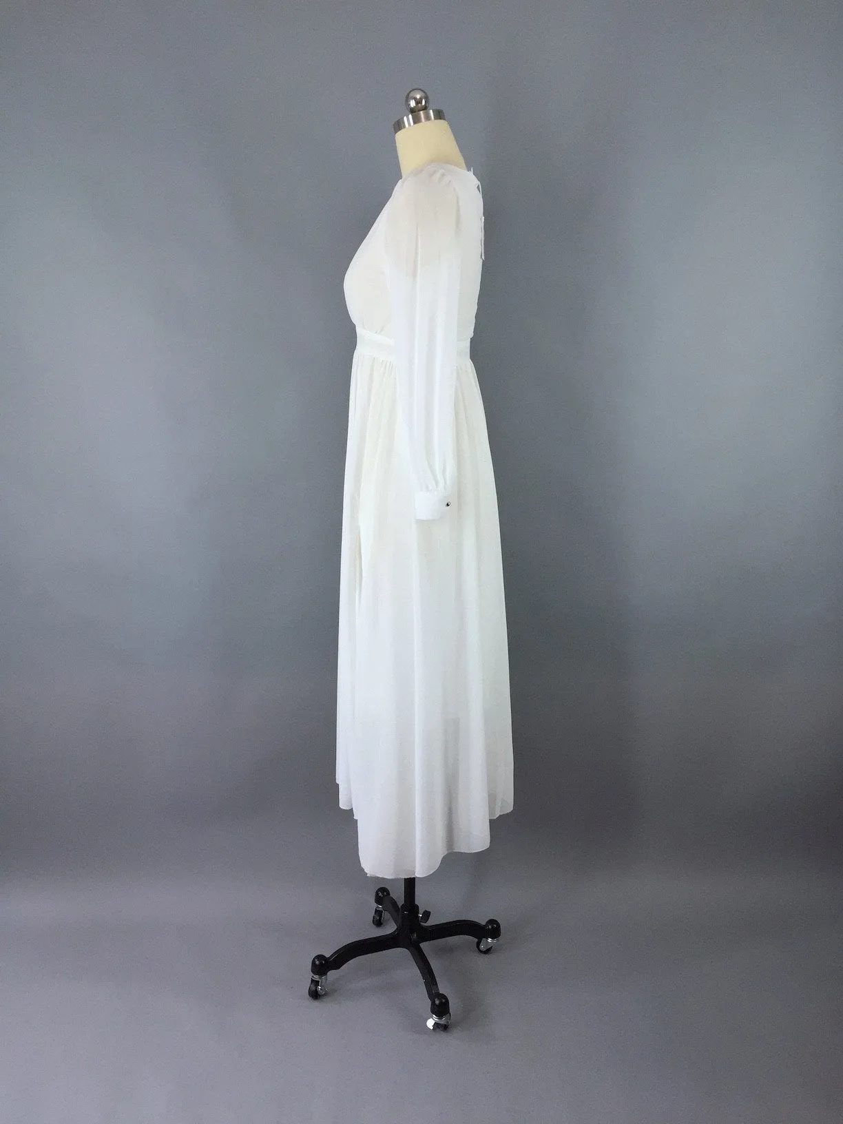 Vintage 1970s Dress / White Chiffon Maxi Dress