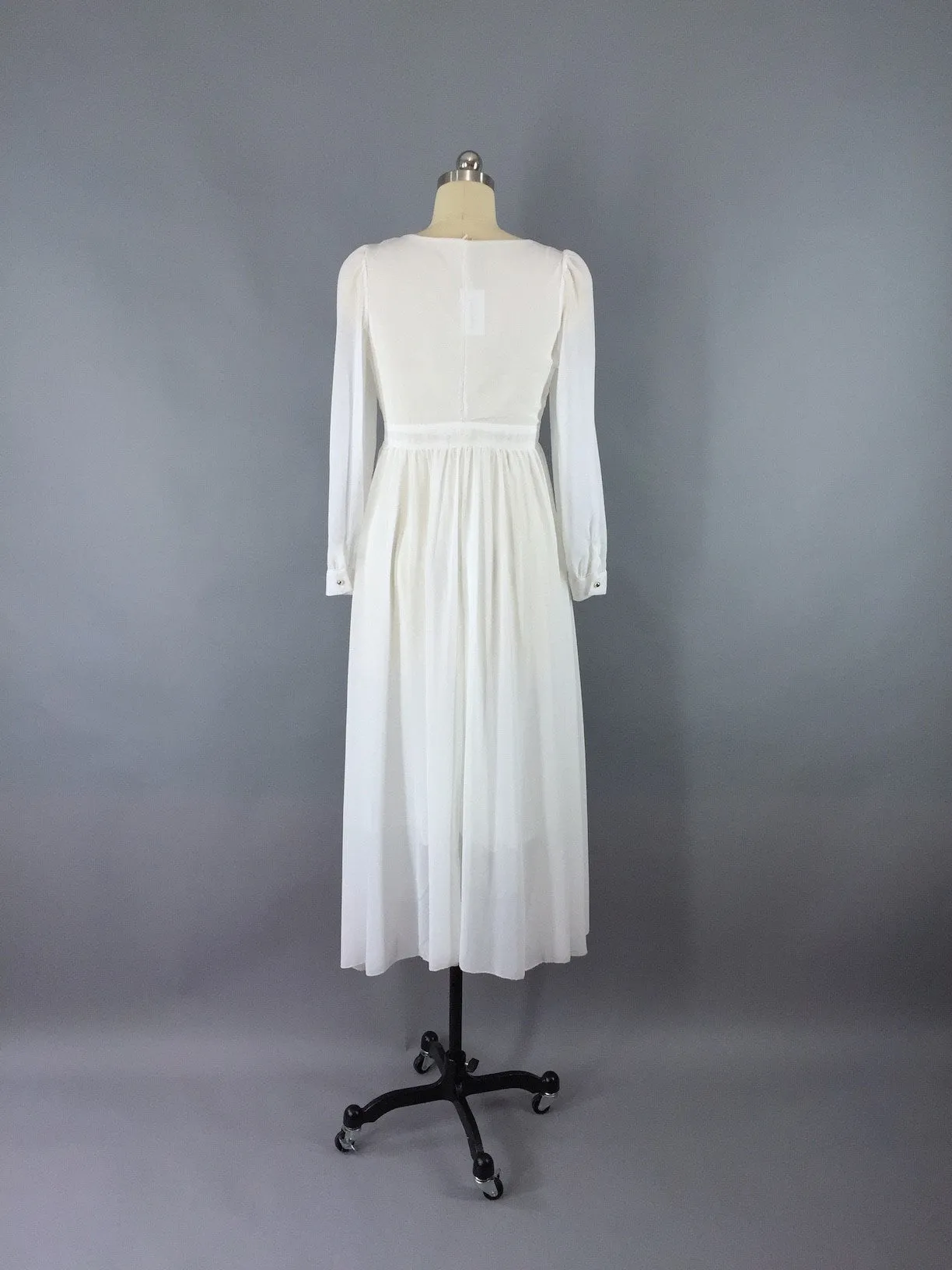 Vintage 1970s Dress / White Chiffon Maxi Dress