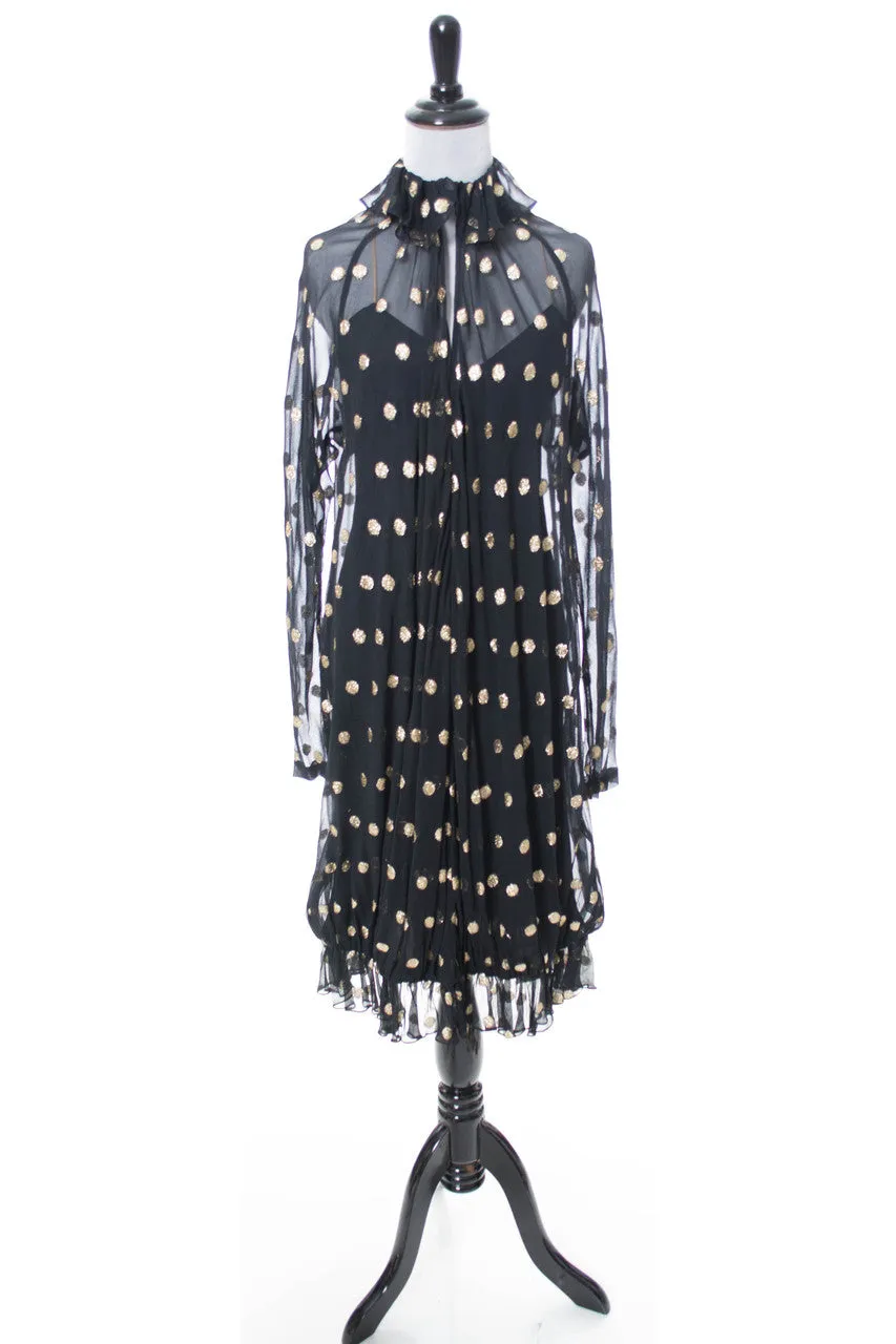 Vintage 1980s gold lame polka dot sheer chiffon black party dress