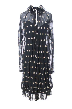 Vintage 1980s gold lame polka dot sheer chiffon black party dress