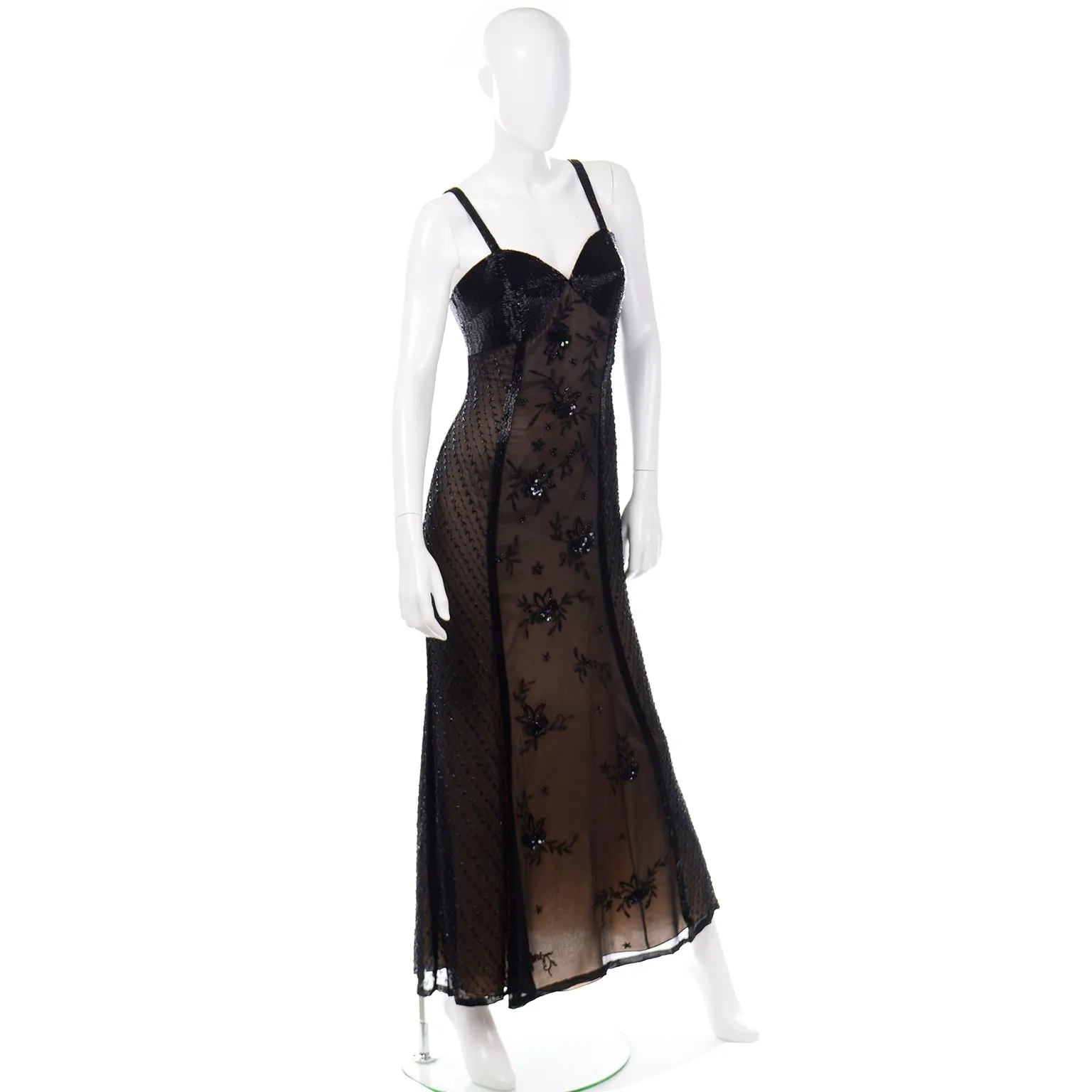 Vintage 1990s Silk Beaded Black Evening Dress