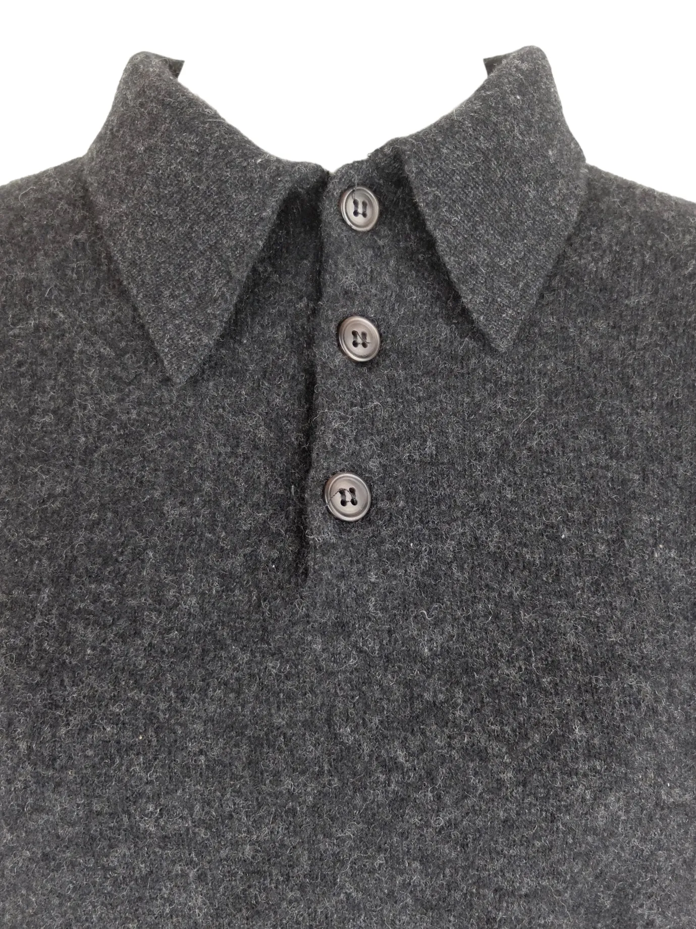 Vintage 2000s Y2K Men’s Lambswool Preppy Mod Bohemian Dark Grey Knit Collared Pullover 1/4 Button Down Polo Style Sweater Jumper