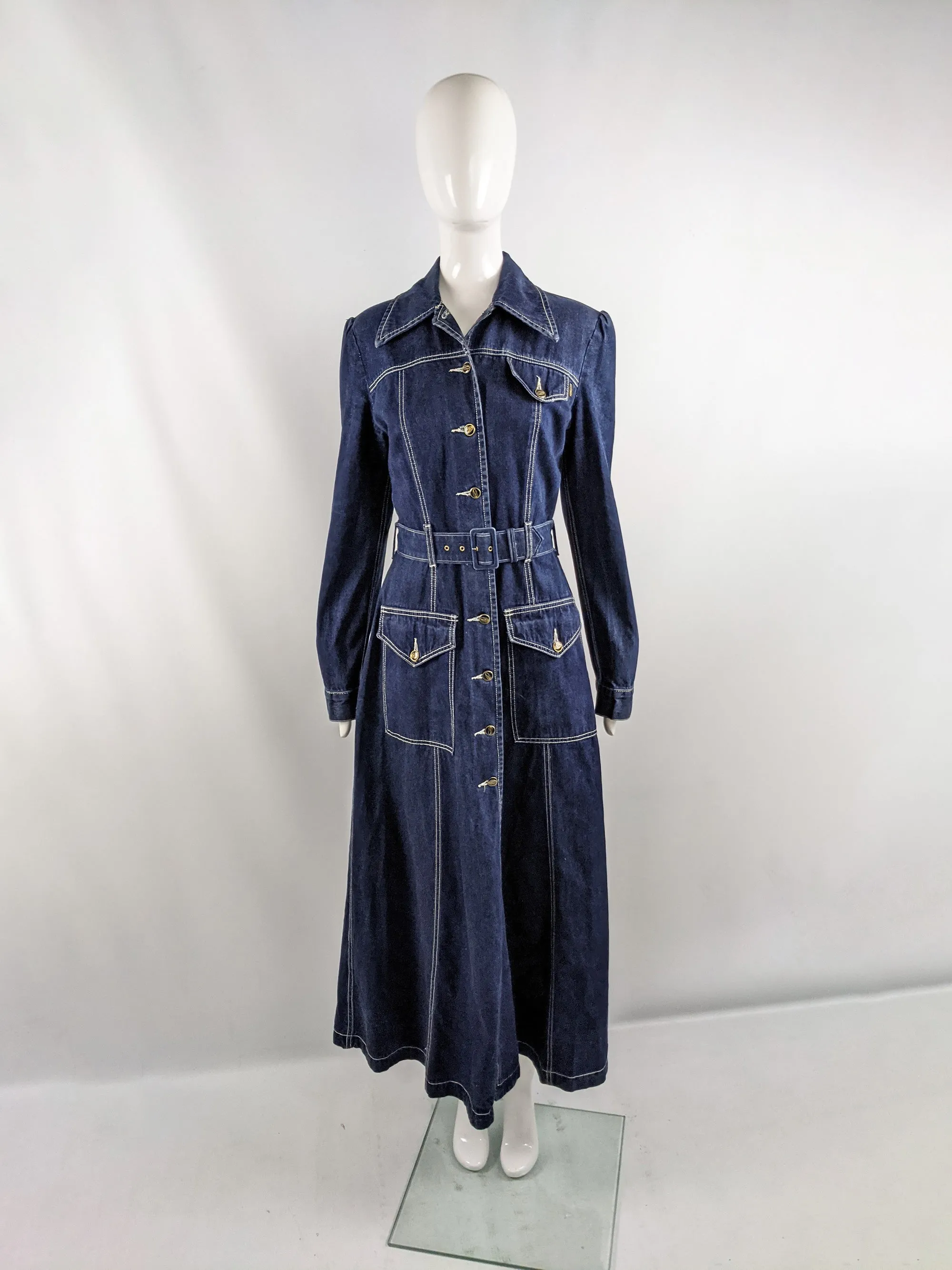 Vintage Full Length Belted Denim Maxi Coat, 1990s