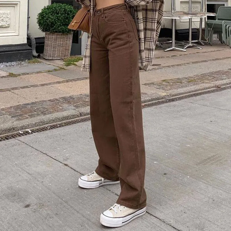 Vintage Style '90s High Waist Straight Leg Jeans - Chocolate