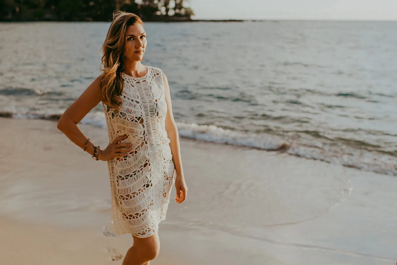 White Crochet Dress & Coverup with Melon Slip