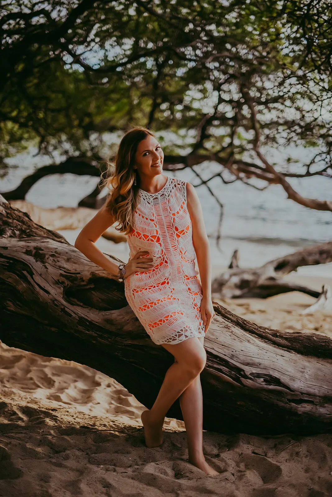 White Crochet Dress & Coverup with Melon Slip