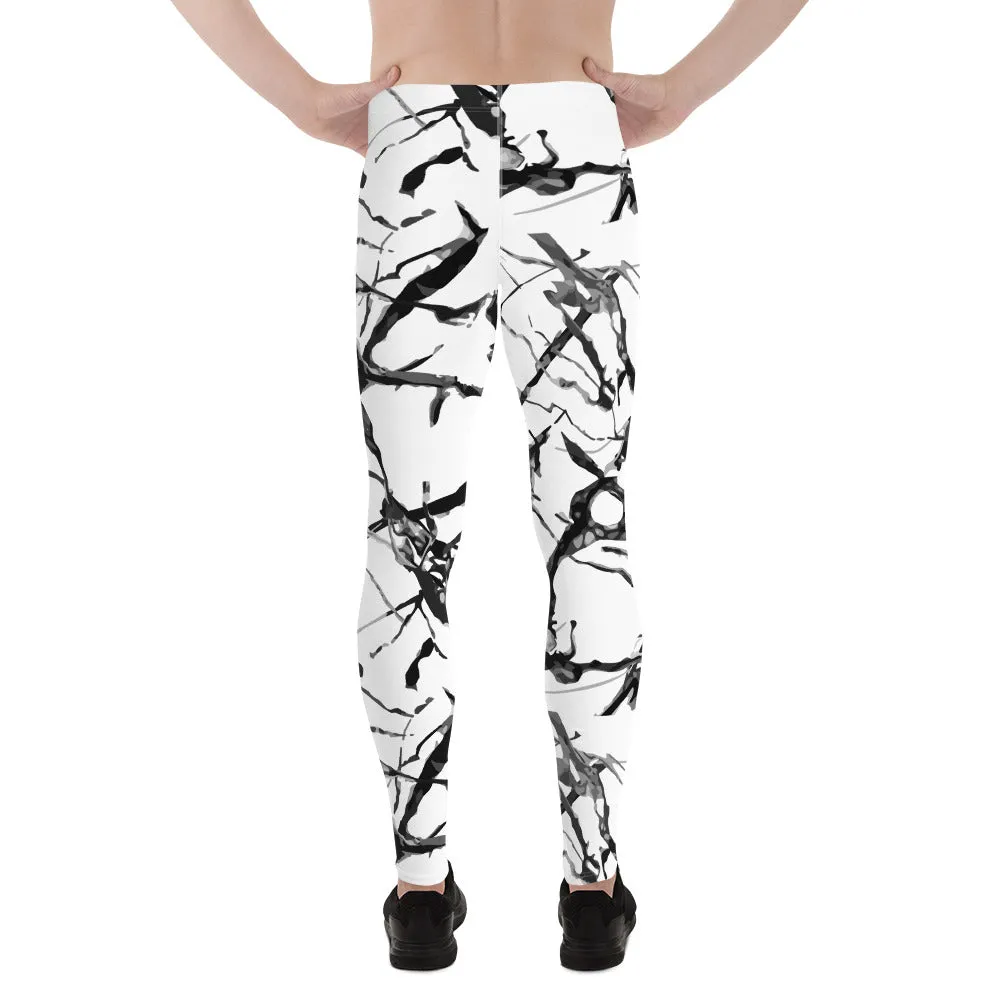 White Marble Printed Tights, Abstract Print Meggings, Designer Men's Leggings Tight Pants - Made in USA/EU