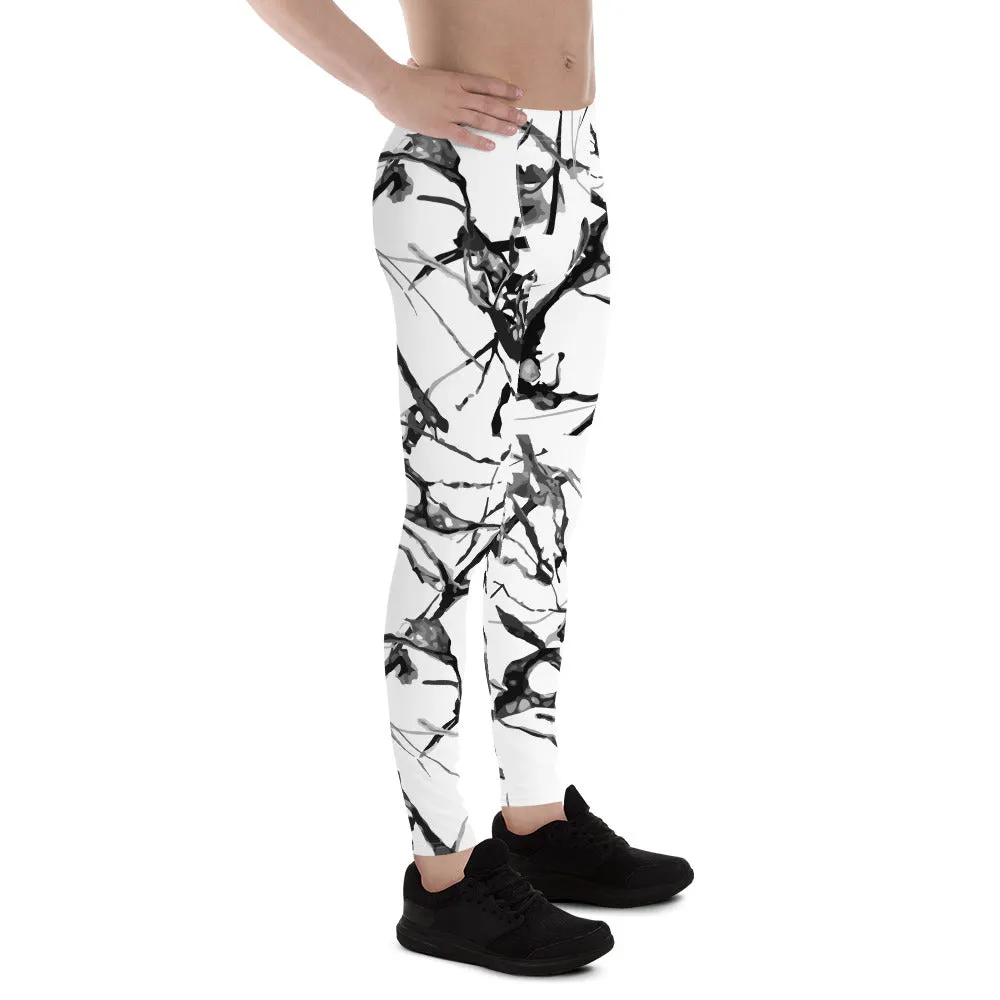 White Marble Printed Tights, Abstract Print Meggings, Designer Men's Leggings Tight Pants - Made in USA/EU