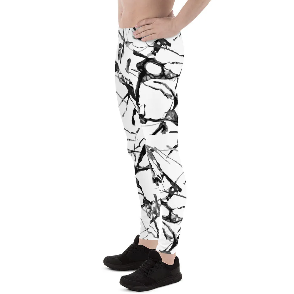 White Marble Printed Tights, Abstract Print Meggings, Designer Men's Leggings Tight Pants - Made in USA/EU