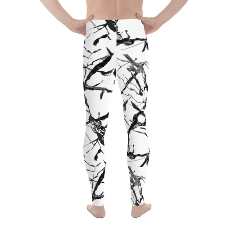 White Marble Printed Tights, Abstract Print Meggings, Designer Men's Leggings Tight Pants - Made in USA/EU