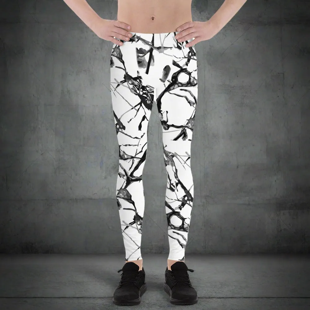 White Marble Printed Tights, Abstract Print Meggings, Designer Men's Leggings Tight Pants - Made in USA/EU