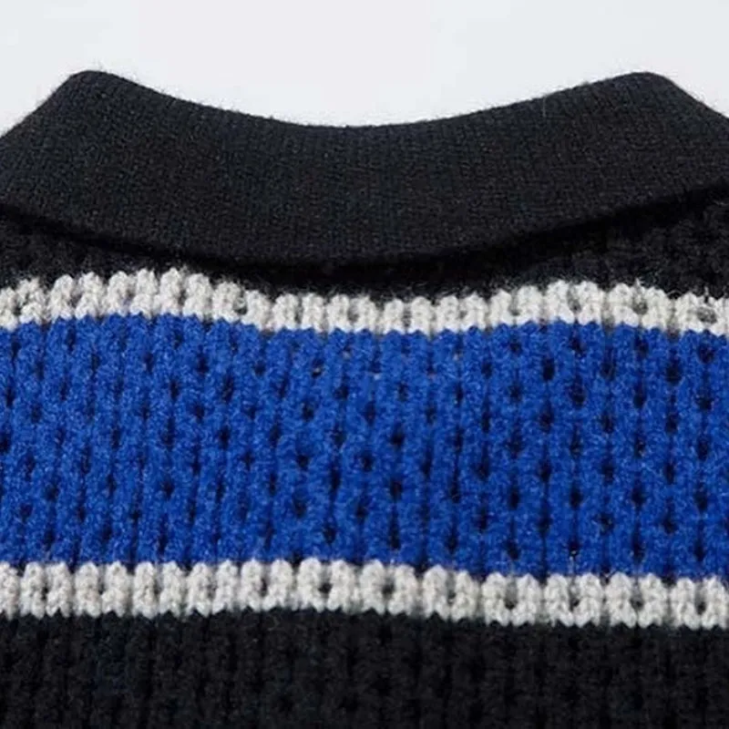 Wholesale Custom 100%Cotton Crochet Striped Man Knit Sweater Polo Neck High-Quality Open Honeycomb Knit Button Design