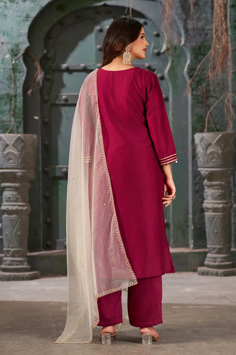 Wine Pink Straight Fit V-Neck Kurta Set with Trousers and Dupatta