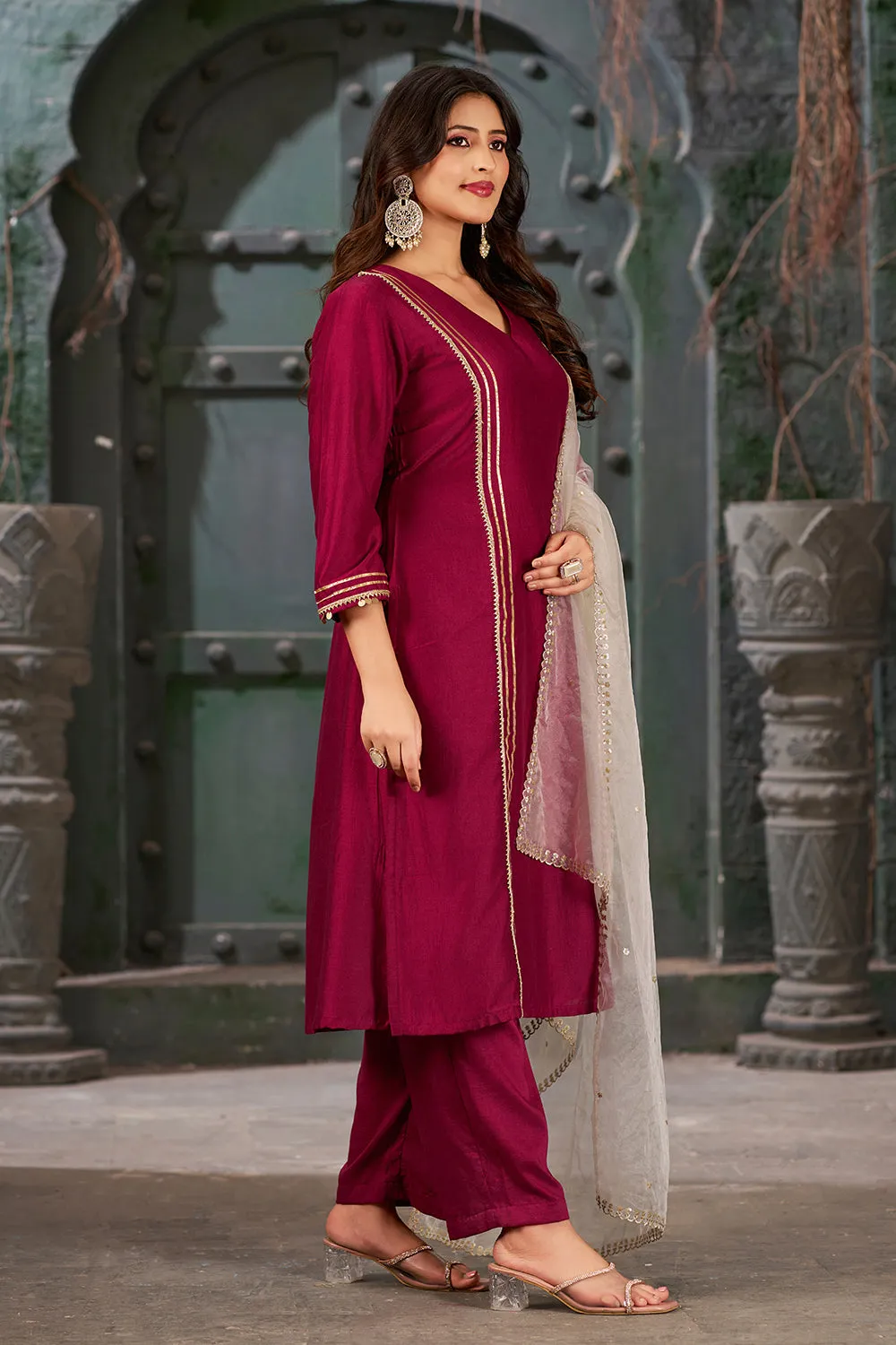 Wine Pink Straight Fit V-Neck Kurta Set with Trousers and Dupatta