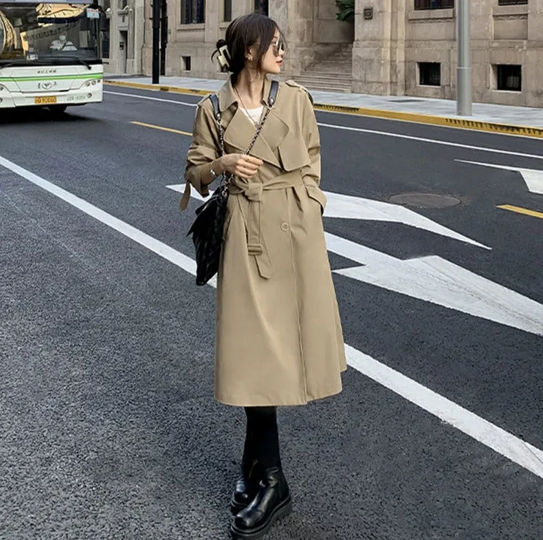 Wjczt Stylish Lapel Women Long Trench Coats Spring Full Sleeve Double Breasted Elastic Waist Belted Female Windbreaker 2022