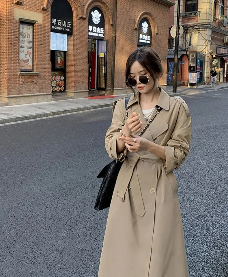 Wjczt Stylish Lapel Women Long Trench Coats Spring Full Sleeve Double Breasted Elastic Waist Belted Female Windbreaker 2022