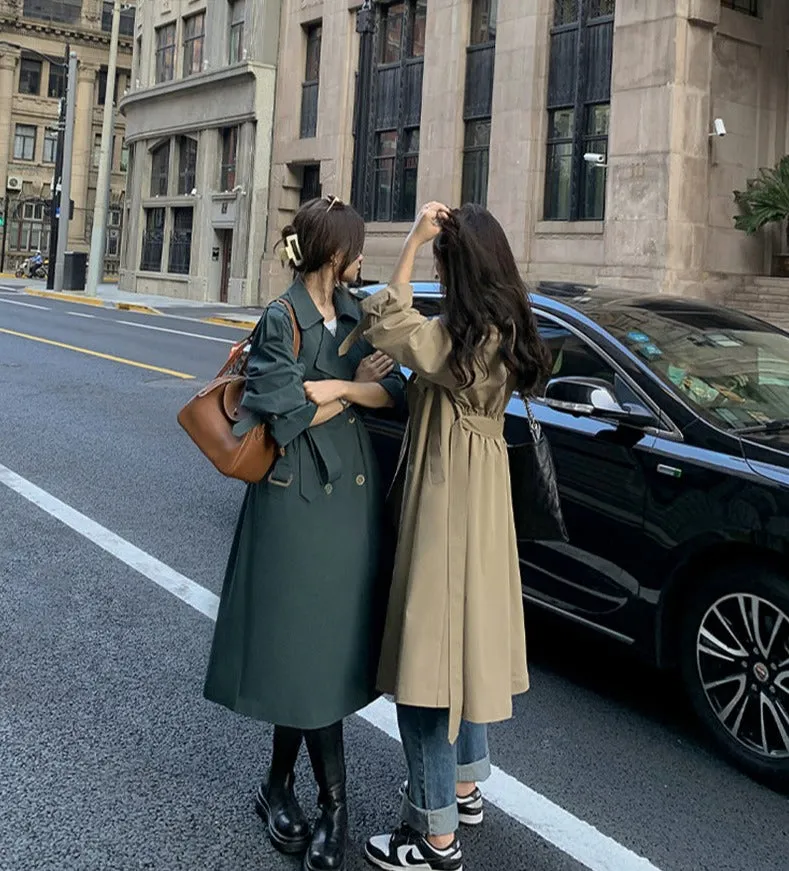 Wjczt Stylish Lapel Women Long Trench Coats Spring Full Sleeve Double Breasted Elastic Waist Belted Female Windbreaker 2022