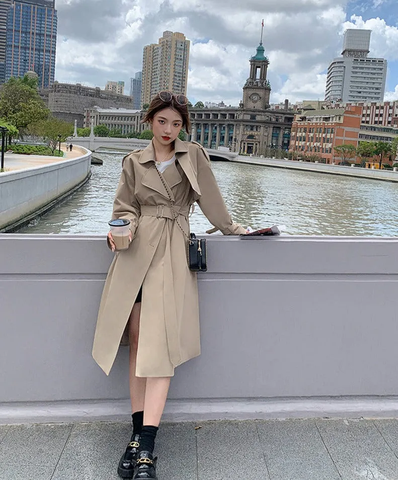 Wjczt Stylish Lapel Women Long Trench Coats Spring Full Sleeve Double Breasted Elastic Waist Belted Female Windbreaker 2022