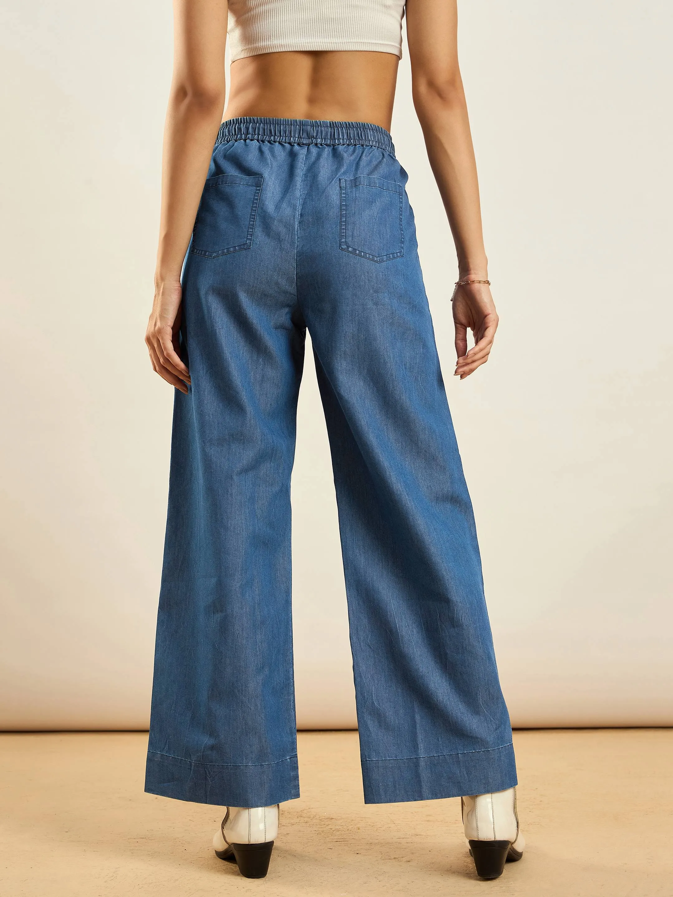 Women Blue Tencel Contrast Piping Detail Pants