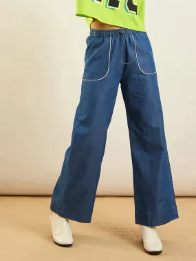 Women Blue Tencel Contrast Piping Detail Pants