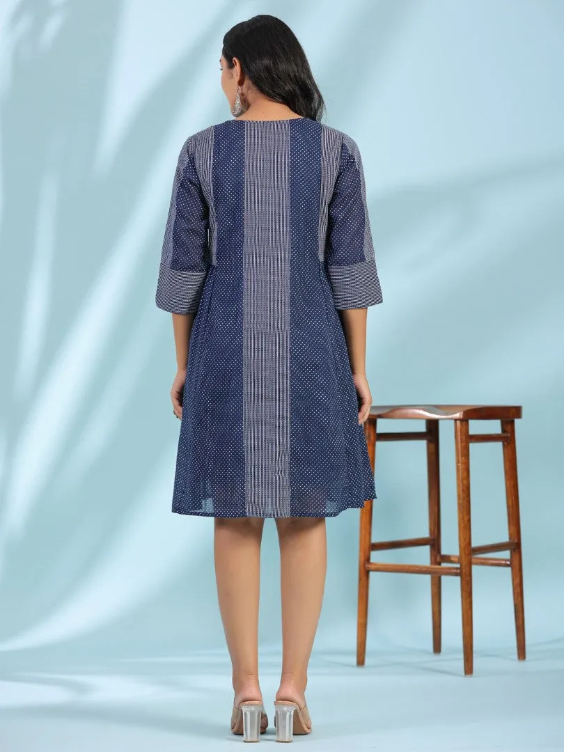 Women Cotton Voile Blue Printed Short Dress