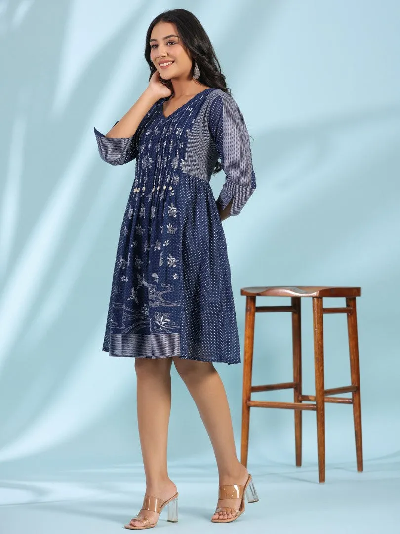 Women Cotton Voile Blue Printed Short Dress