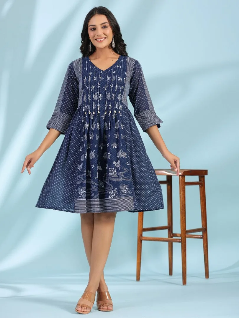 Women Cotton Voile Blue Printed Short Dress