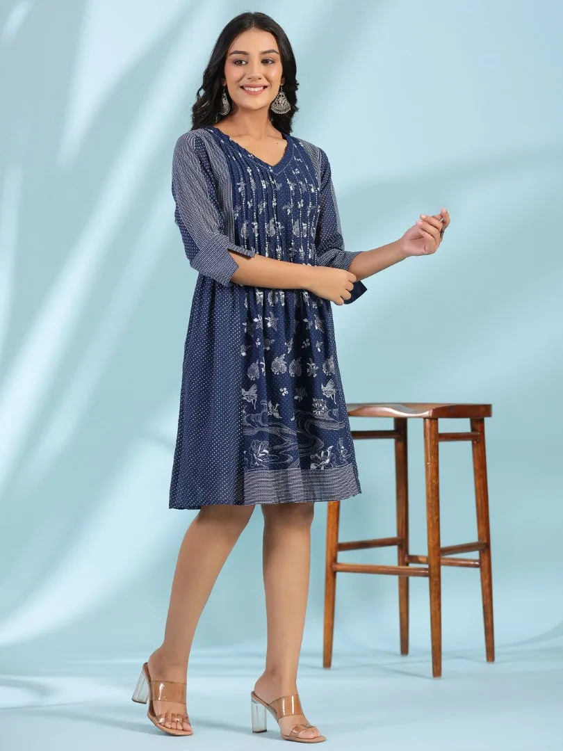 Women Cotton Voile Blue Printed Short Dress