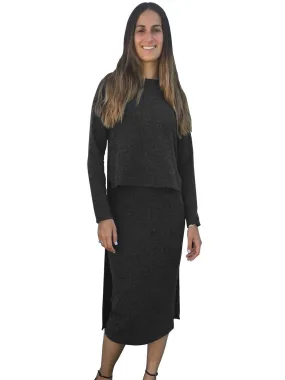 Women's Cropped Front Layered Sweater Knit Midi Tunic Dress