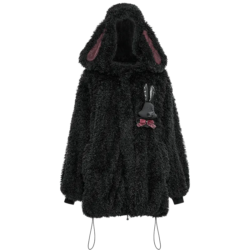 Women's Grunge Drawstring Woolen Coat with Rabbit Hood