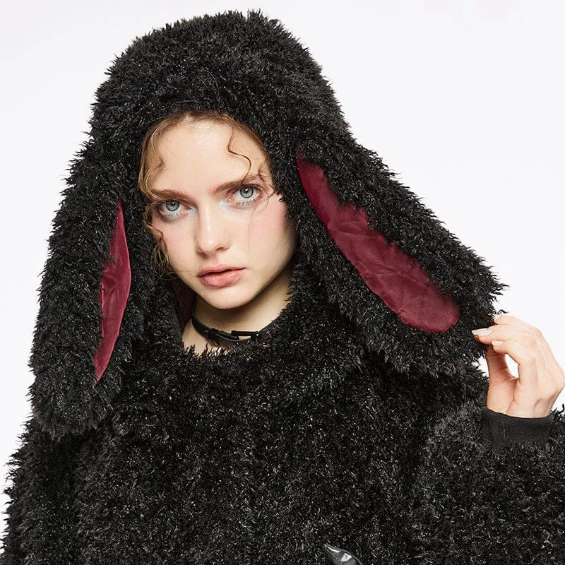 Women's Grunge Drawstring Woolen Coat with Rabbit Hood