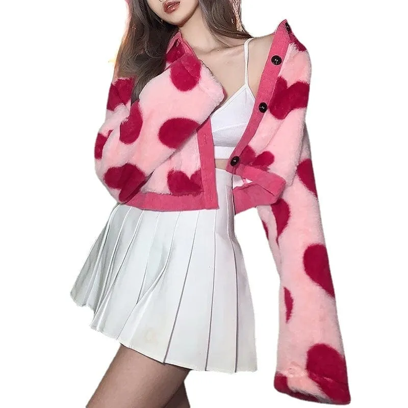 Women's Grunge Heart Printed Fluffy Coat