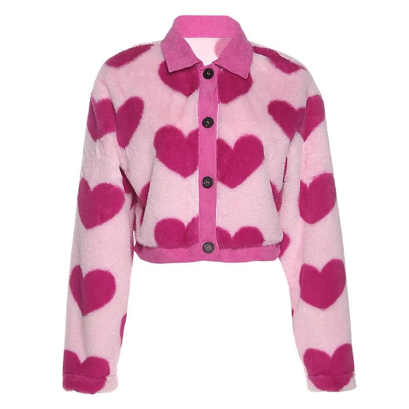 Women's Grunge Heart Printed Fluffy Coat