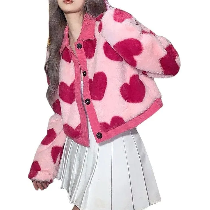 Women's Grunge Heart Printed Fluffy Coat