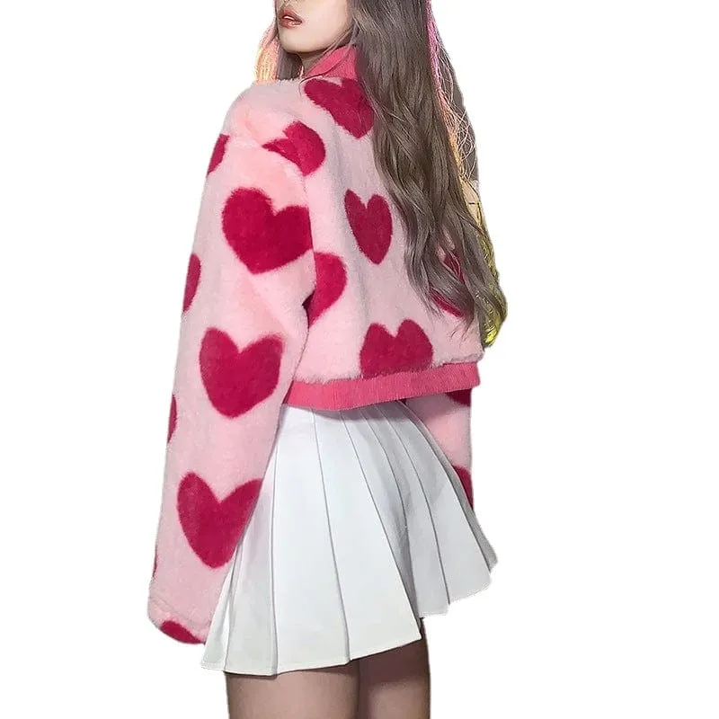 Women's Grunge Heart Printed Fluffy Coat