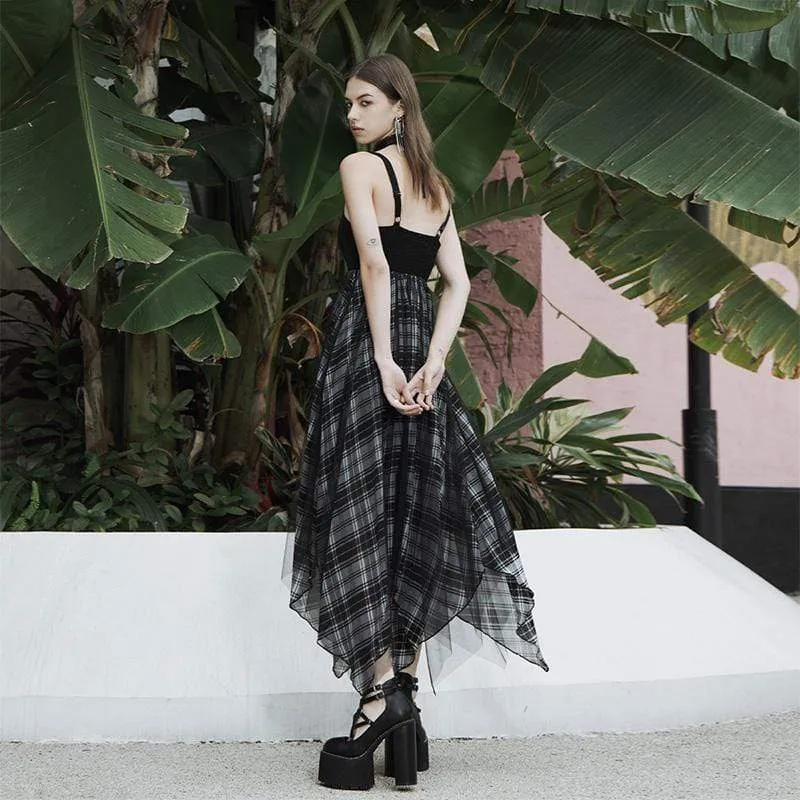 Women's Grunge Plaid High-waisted Irregular Hem Black Slip Dress