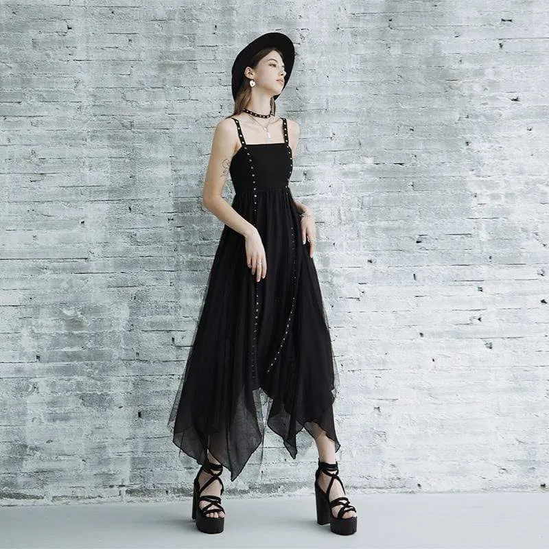 Women's Grunge Plaid High-waisted Irregular Hem Black Slip Dress