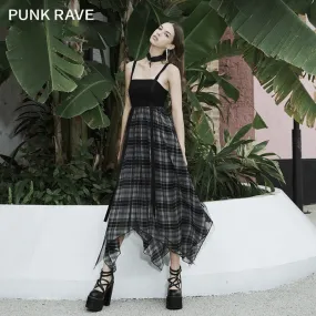 Women's Grunge Plaid High-waisted Irregular Hem Black Slip Dress