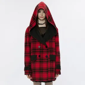 Women's Grunge Reversible Plaid Coat with Hood